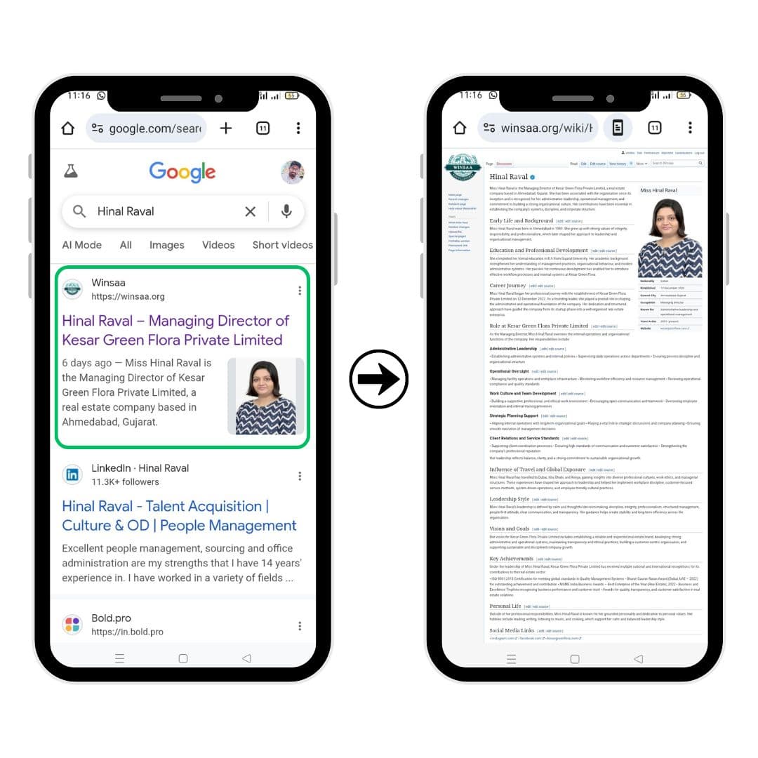 Winsaa biography service example showing a profile appearing in Google search results